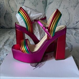 Jessica Simpson Metallic Fuchsia Platform Sandals with Rainbow Straps